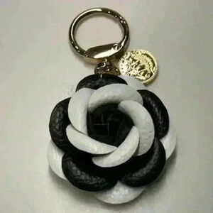 NWT Camellia Flower Keychain Fob Bag Charm Black & White